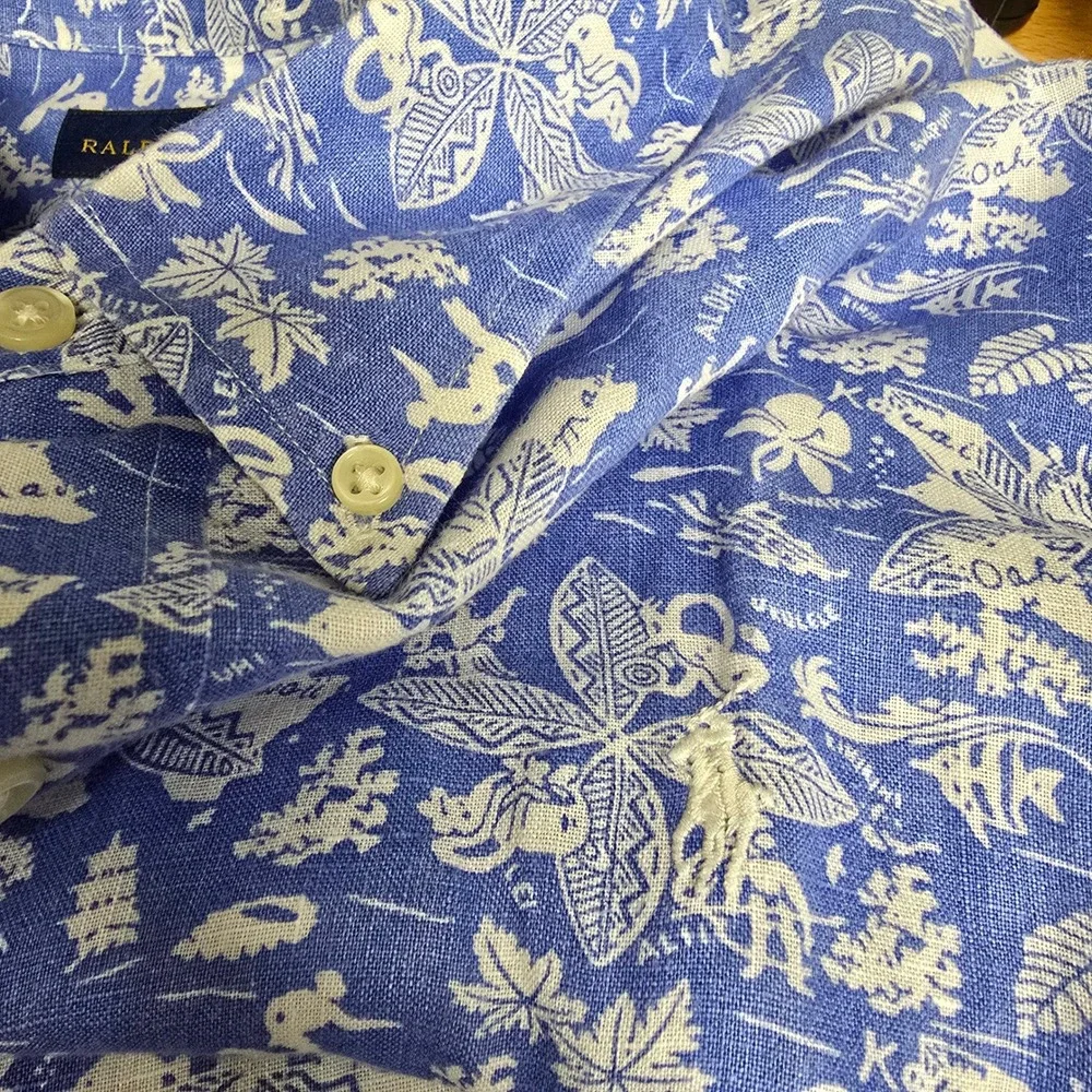 Ralph Lauren Button Down Shirt Mens XXL Blue White Linen Hawaiian Aloha Classic